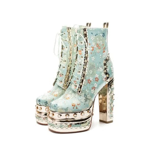 Platform Ankle Boots with Floral Pattern