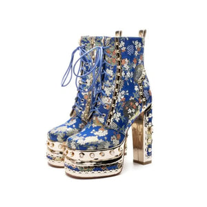 Platform Ankle Boots with Floral Pattern