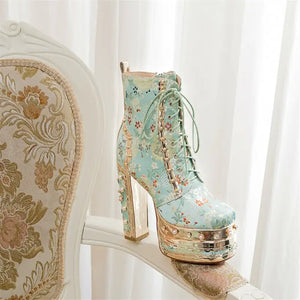 Platform Ankle Boots with Floral Pattern