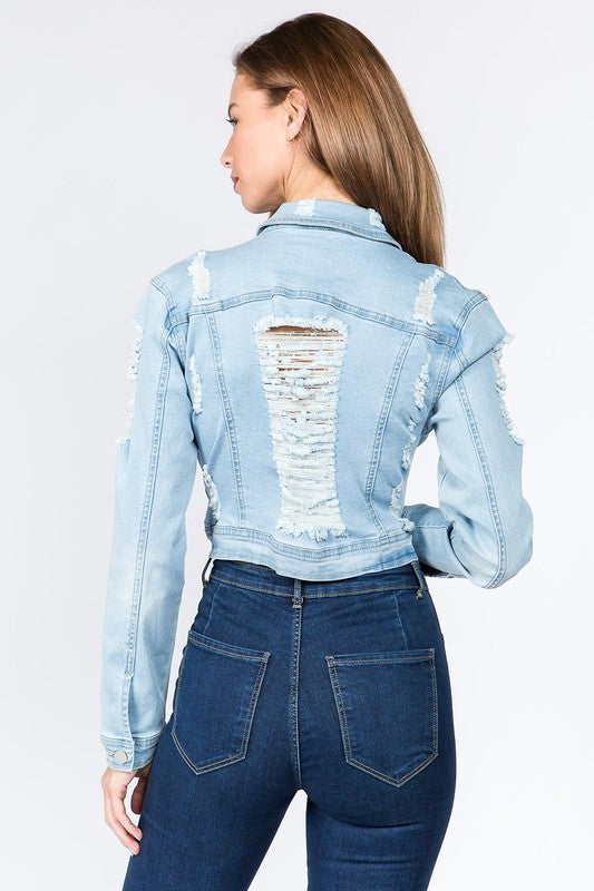 DISTRESSED BACK CROPPED DENIM JACKET