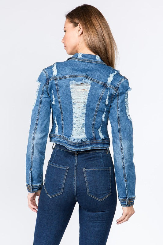 DISTRESSED BACK CROPPED DENIM JACKET