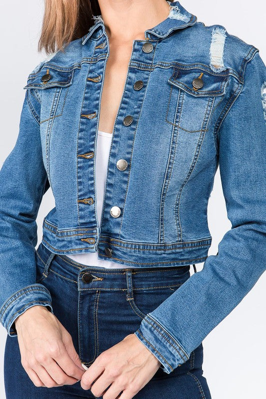 DISTRESSED BACK CROPPED DENIM JACKET