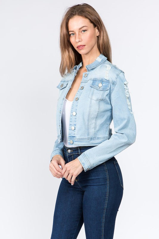 DISTRESSED BACK CROPPED DENIM JACKET