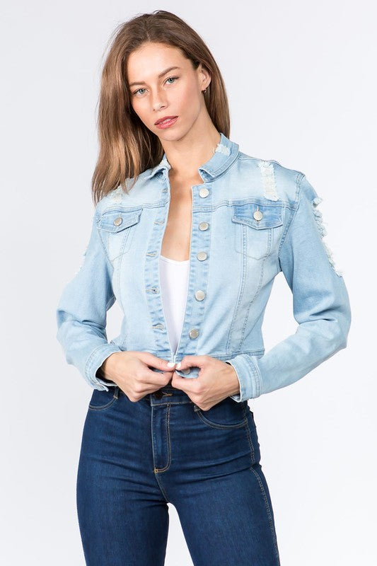 DISTRESSED BACK CROPPED DENIM JACKET