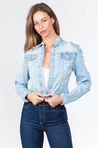 DISTRESSED BACK CROPPED DENIM JACKET